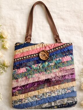 Handmade Quilted Patchwork Tote Bag Boho Cottagecore Artsy One of a Kind Button